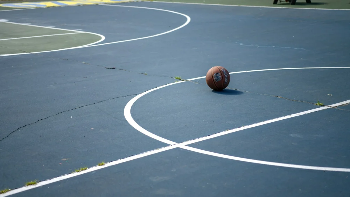 Indoor hardwood basketball court with surface scratches and worn finish restored through professional hardwood gym floor refinishing.