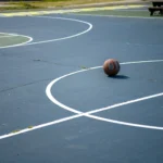 Indoor hardwood basketball court with surface scratches and worn finish restored through professional hardwood gym floor refinishing.